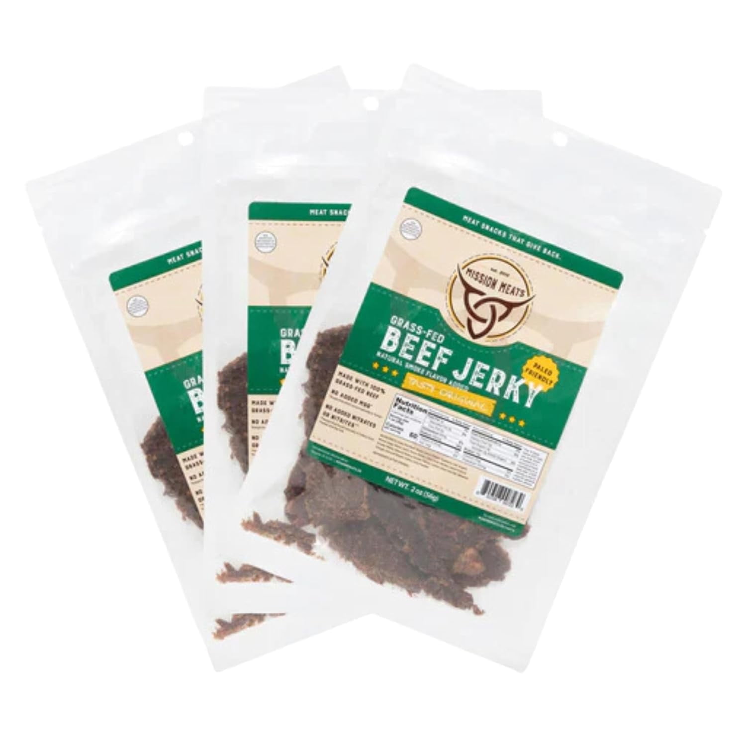 Mission Meats Beef Jerky, Original, 100% Grass Fed Beef, 10g Protein per Serving, Delicious & Tender Paleo, Keto, Carnivore & Whole 30 Friendly, 2oz Bags (Pack of 3)