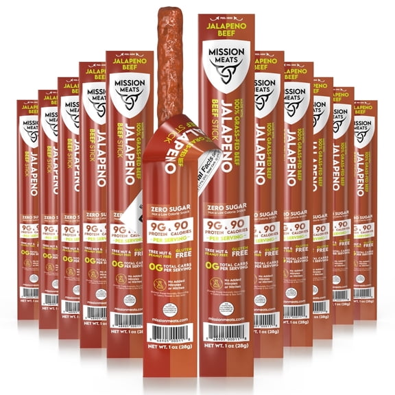 Mission Meats Beef Sticks 100% Grass Fed & Pasture Raised, Sugar Free, Individually Wrapped Healthy Snacks, Whole 30 & Paleo Friendly, Jalapeno 1oz (Pack of 24)