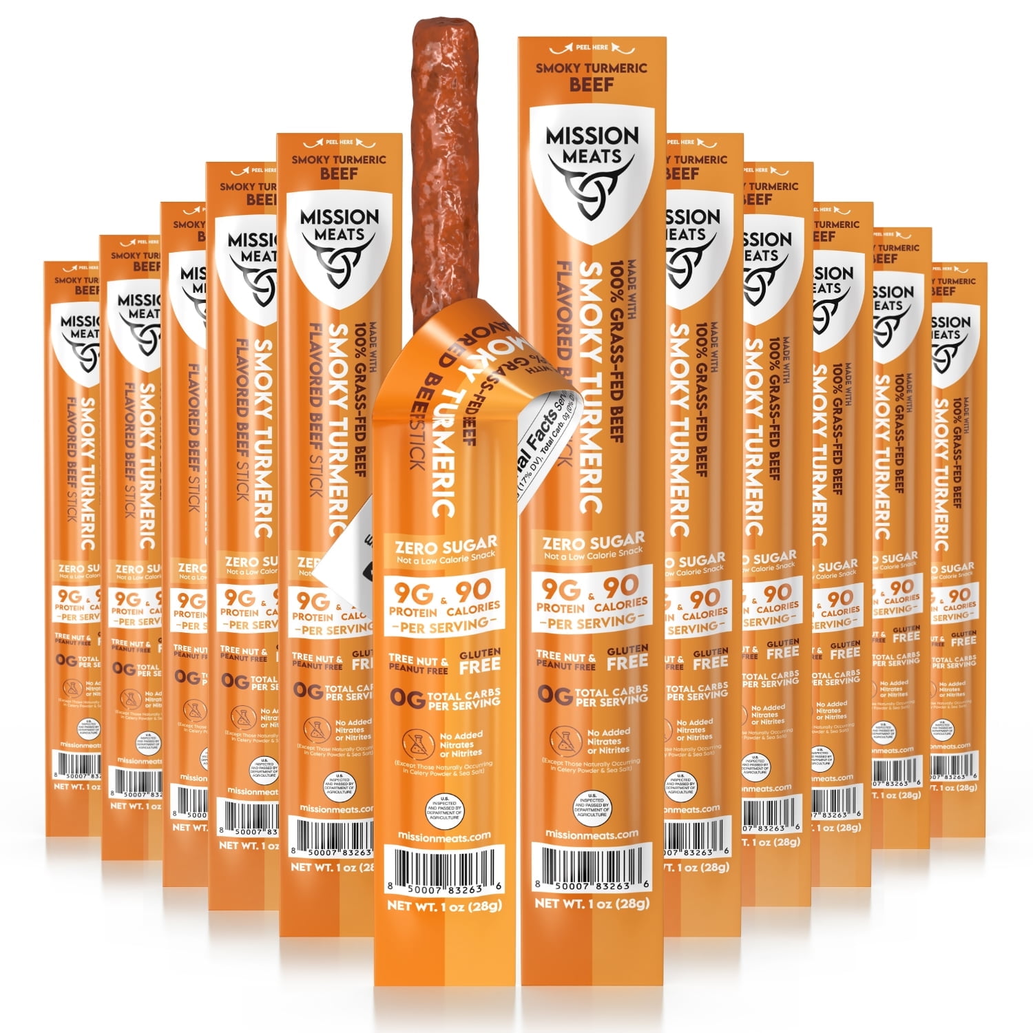 Mission Meats Beef Sticks 100% Grass Fed & Pasture Raised, Sugar Free, Individually Wrapped Healthy Snacks, Whole 30 & Paleo Friendly, Smoky Turmeric 1oz (Pack of 12)