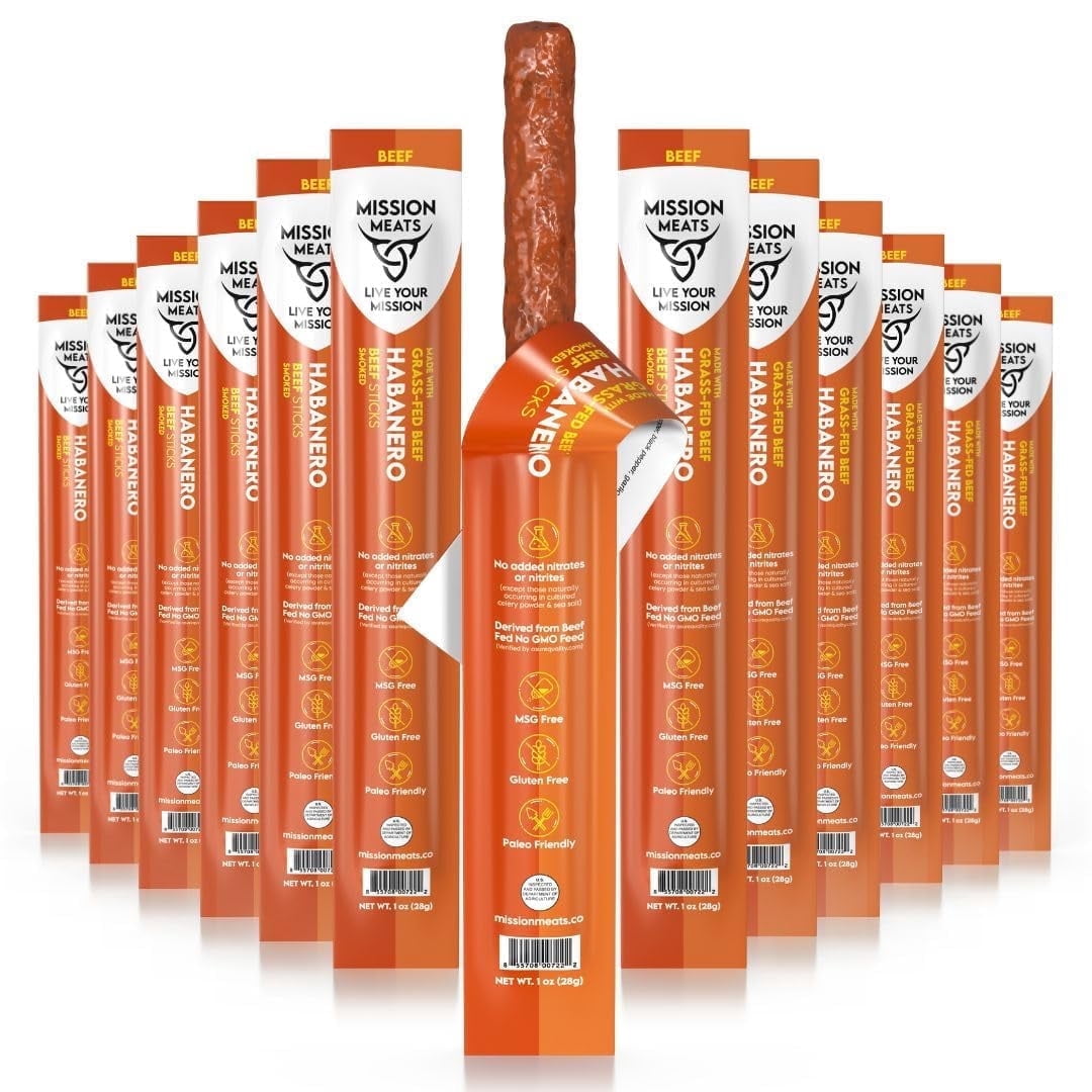Mission Meats Beef Sticks – 100% Grass Fed & Pasture Raised, Sugar Free, Individually Wrapped Healthy Snacks, Whole 30 & Paleo Friendly, Habanero Smoked 1oz (12ct)