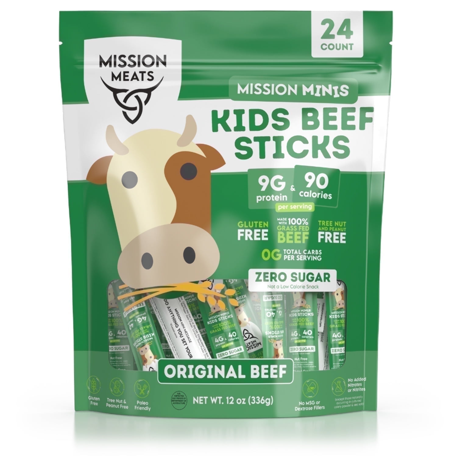 Mission Meats Kids Beef Sticks, 100% Grass Fed, Mini Healthy Snacks for Kids, Zero Sugar, Gluten & Nut Free, Individually Wrapped, 0.5oz (24ct Bag)