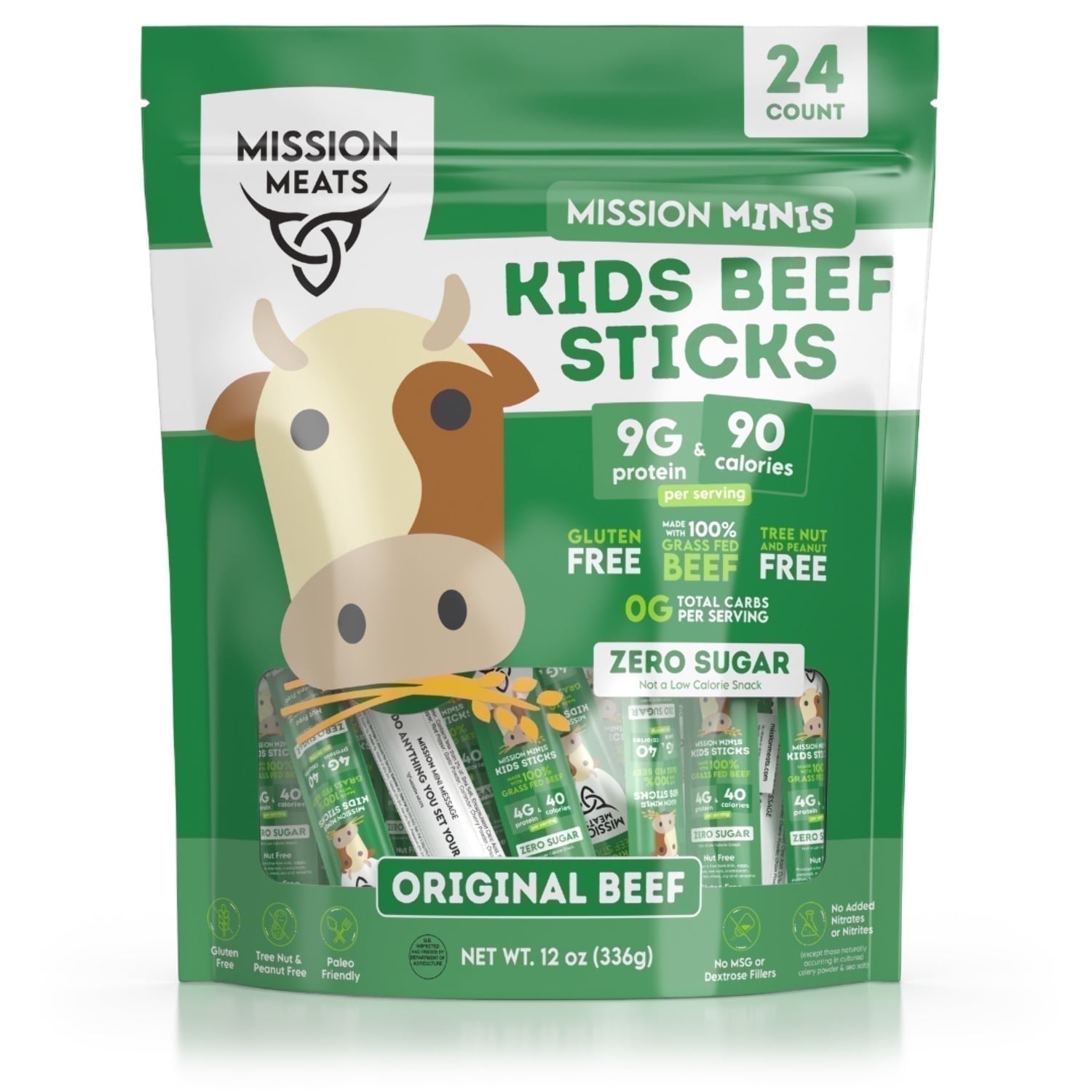 Mission Meats Kids Beef Sticks, 100% Grass Fed, Healthy Snacks for Kids, Zero Sugar, 9g Protein per Serving, Gluten & Nut Free, Individually Wrapped, Mini 0.5oz (24ct Bag)