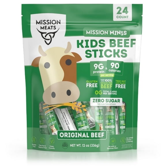 Mission Meats Kids Beef Sticks, 100% Grass Fed, Healthy Snacks for Kids, Zero Sugar, 9g Protein per Serving, Gluten & Nut Free, Individually Wrapped, Mini 0.5oz (24ct Bag)