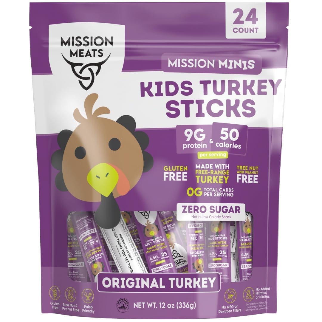 Mission Meats Kids Turkey Sticks 100% Free Range, Healthy Snacks for Kids, Gluten & Nut Free, 0.5oz, 24 Count (Pack of 1)