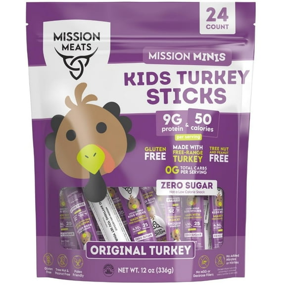 Mission Meats Kids Turkey Sticks – 100% Free Range, Healthy Snacks for Kids, Gluten & Nut Free, 0.5oz, 24 Count (Pack of 1)