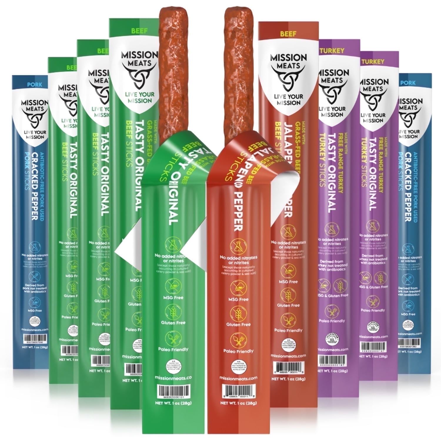 Mission Meats Meat Sticks  Variety Pack (Beef, Pork, Turkey)  Clean Ingredients, Nitrate Nitrite Free, Gluten Free, MSG Free, Paleo Meat Sticks, 1oz (Pack of 20)