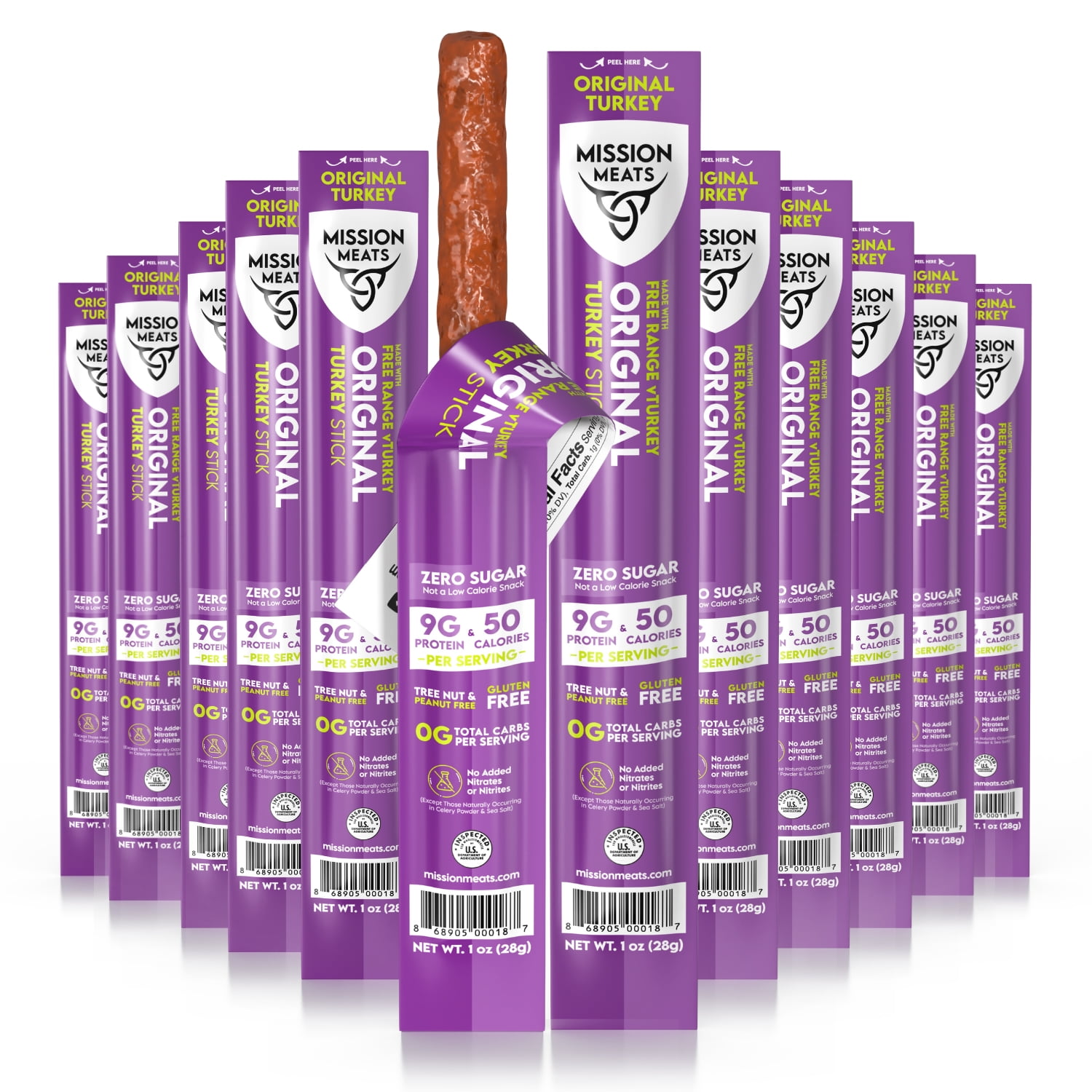 Mission Meats Turkey Sticks, 100% Free Range Turkey Jerky, Zero Sugar, Delicious Healthy Snacks, 9g Protein, Individually Wrapped, Gluten Free, Original 1oz (12ct)