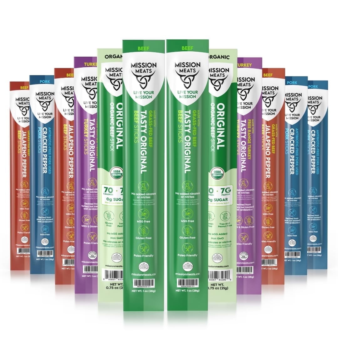 Mission Meats Variety Pack with Certified Organic Beef, Grass Fed, Free Range Turkey, and Cracked Pepper Pork Gluten & Sugar Free, Whole 30 & Paleo Friendly, Delicious and Family Friendly (12ct)