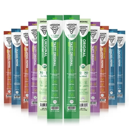 Mission Meats Variety Pack with Certified Organic Beef, Grass Fed, Free Range Turkey, and Cracked Pepper Pork – Gluten & Sugar Free, Whole 30 & Paleo Friendly, Delicious and Family Friendly (12ct)