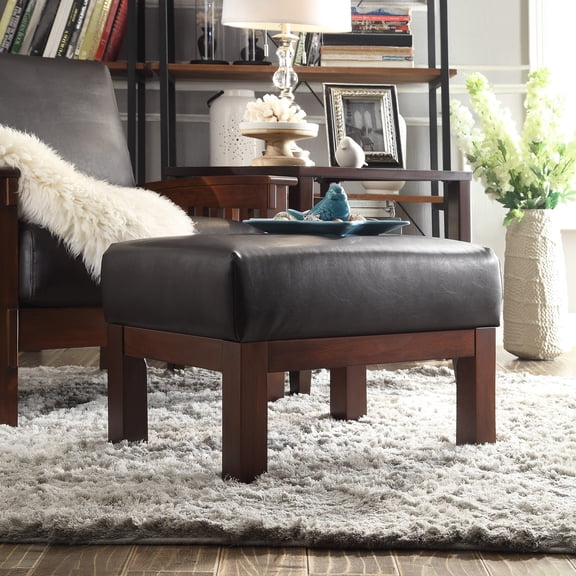 Mission Oak Faux Leather Ottoman, Dark Brown
