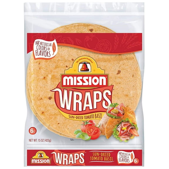 Mission Sun-Dried Tomato Basil Wraps, Soft Veggie Wraps, Trans Fat Free, 6 Count - 2 Packs
