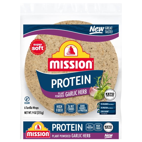 Mission Protein Garlic Herb Tortilla Wraps, 9 oz, 6 Count