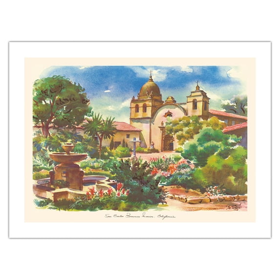 Mission San Carlos Borromeo del Río Carmelo - Carmel-By-The-Sea California - Vintage Travel Poster by Joseph Fehér c.1949 - Fine Art Matte Paper Print (Unframed) 18x24in