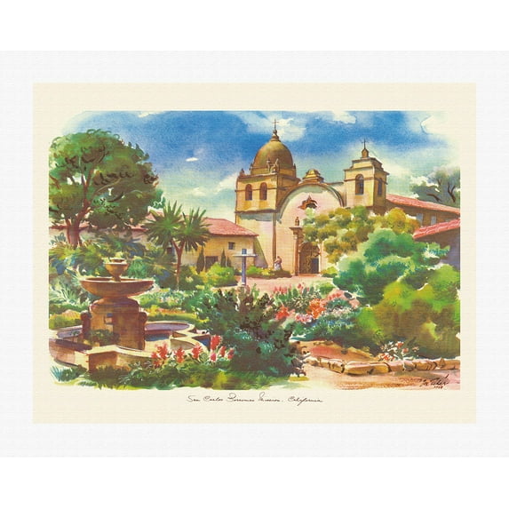 Mission San Carlos Borromeo del Río Carmelo - Carmel-By-The-Sea California - Vintage Travel Poster by Joseph Fehér c.1949 - Fine Art Rolled Canvas Print 20in x 26in