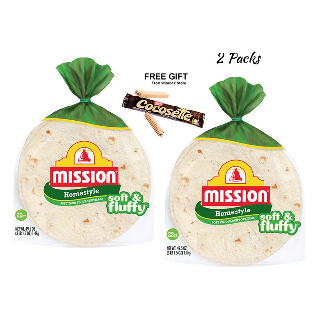 Mission Soft & Fluffy Homestyle Soft Taco Flour Tortillas, 49.5 oz, 22 Count (2 Packs with Free