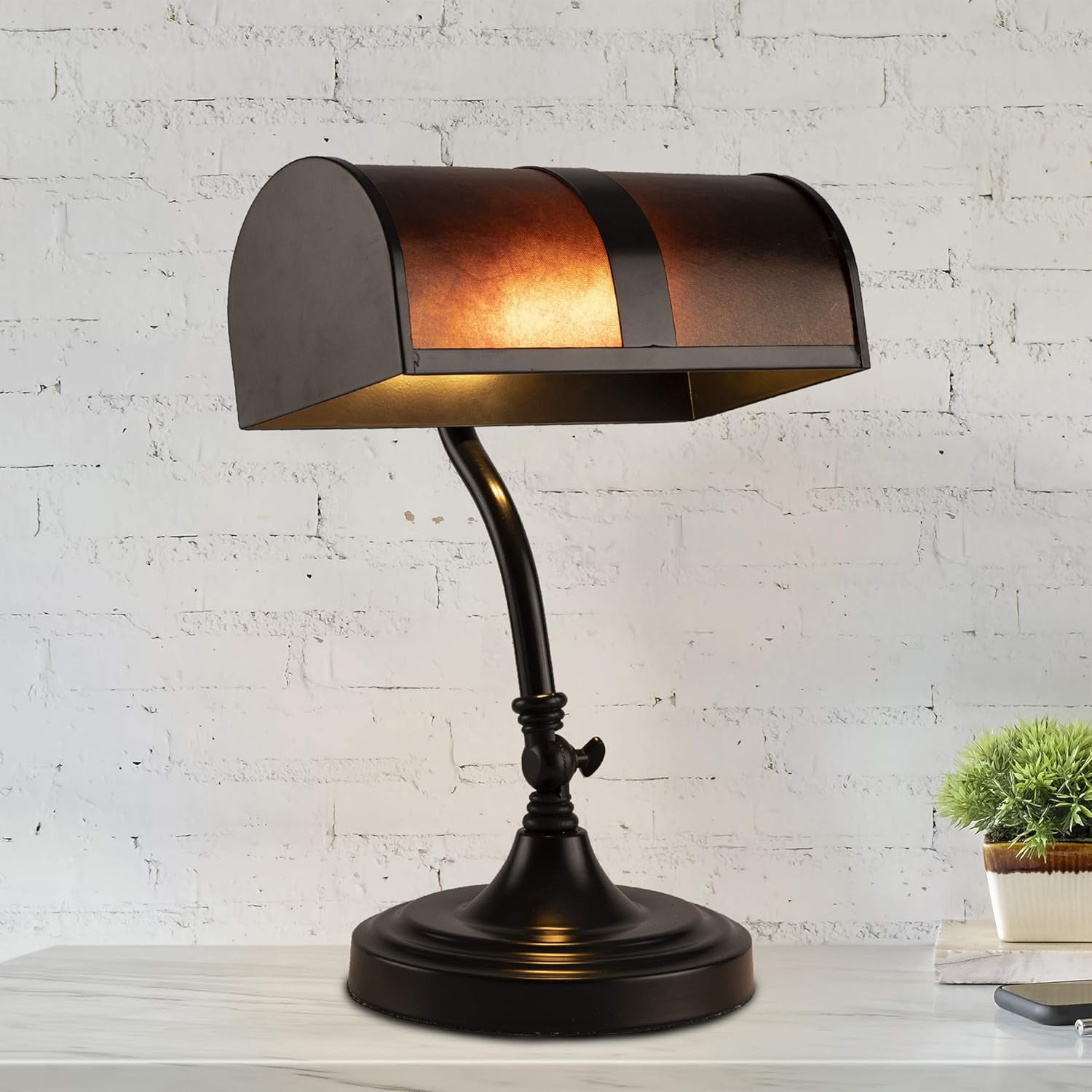 14" Black Metal LED Banker's Lamp with Amber Mica Shade