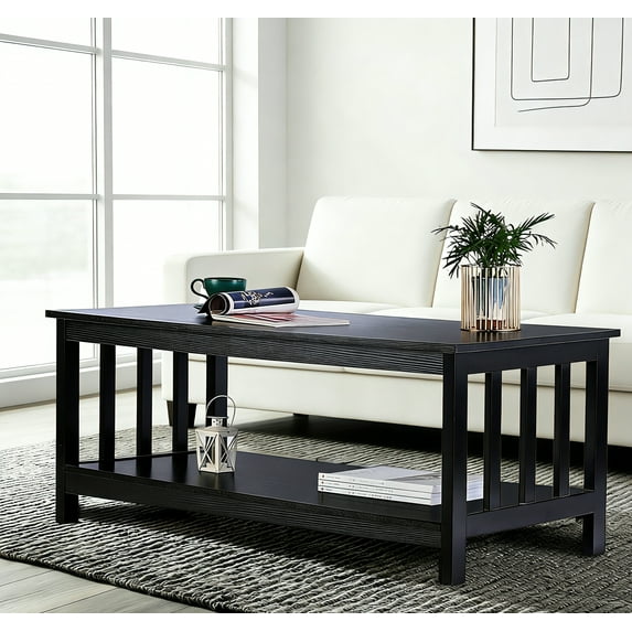 Mission Style Coffee Table, Black Wood with Lower Storage Shelf, 40 Inch Living Room Table