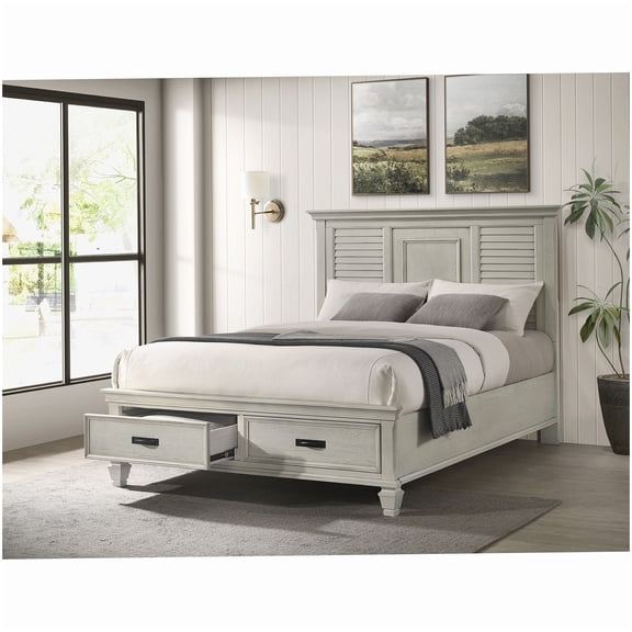 Mission Style Queen Bed Frame with Storage Drawers, White Distressed Wood Platform Bed with Headboard