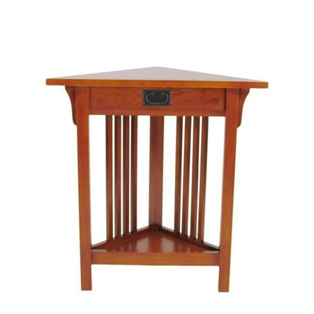 Mission Style Wooden Corner Table with 1 Drawer & Bottom Shelf, Brown