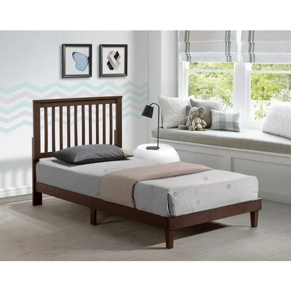 Mission Style Wooden Platform Bed, Twin Size Farmhouse Bedroom Furniture Bed, Brown