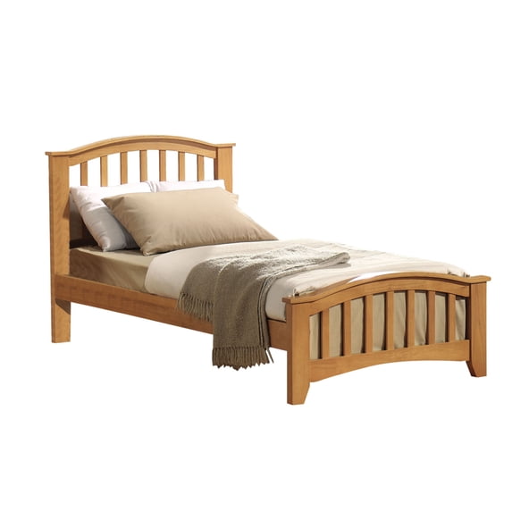 Mission Style Wooden Twin Bed with Arched Slatted Headboard and Footboard, Maple Brown- Saltoro Sherpi