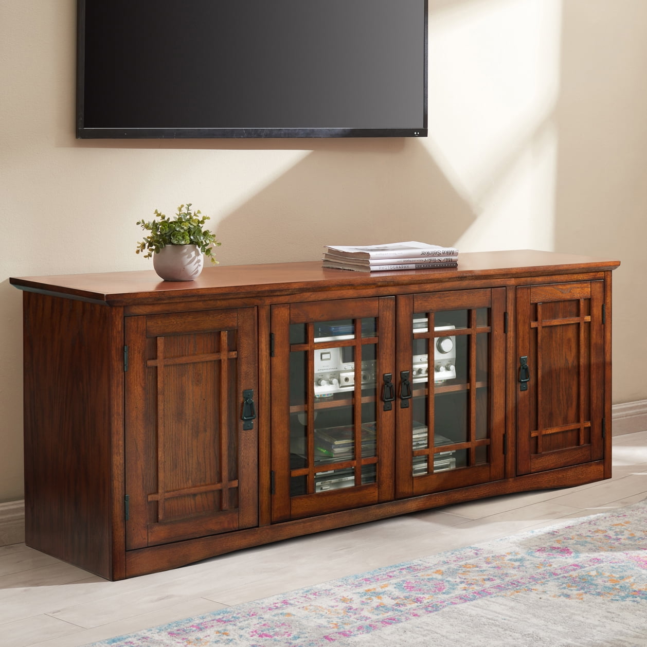 Mission Oak 60-Inch TV Stand with Glass Doors
