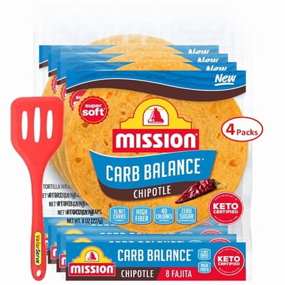 Mission Tortillas Carb Balance Chipotle Fajita Tortilla 4 Pack with ValorServe Mini Kitchen Utensil - 6" Fajita Size - 8 oz. - 8 count - 1g Net Carbs - 32 Keto Friendly Low Carb Tortillas