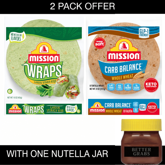 Mission Wraps Garden Spinach Herb and Carb Balance Whole Wheat Fajita Tortillas 2 Pack with Nutella Jar 2 Pack