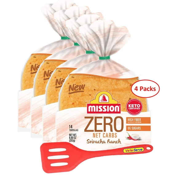 Mission Zero Net Carb Sriracha Ranch Tortillas - 0g Net Carbs - Keto Certified - 4.5"- 14 Count, 8.89 oz. - 4 Pack with ValorServe Mini Kitchen Utensil - Keto Friendly Zero Carb Street Taco Tortillas