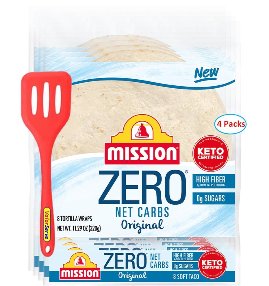Mission Zero Net Carbs Original Flour Tortillas, 8 Count, 8" Soft Taco - 4 Packs (32 Tortillas) with ValorServe™ Mini Kitchen Utensil - Keto Friendly Low Carb Tortillas