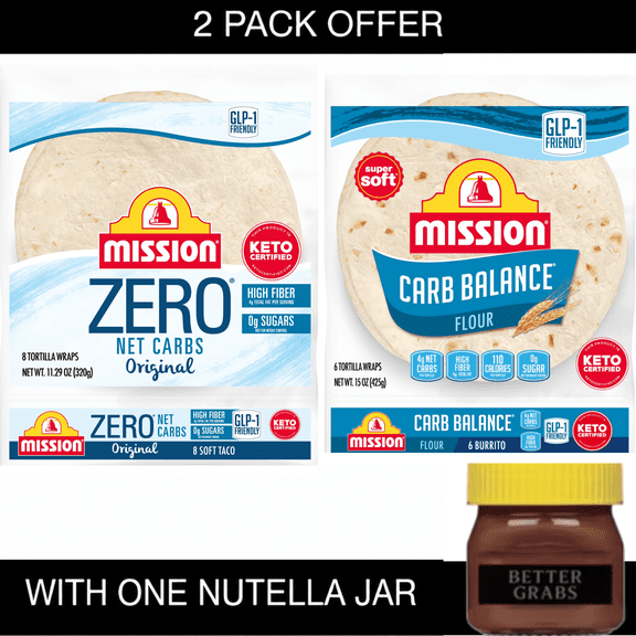 Mission Zero Net Carbs Original and Carb Balance Flour Tortillas, 2 Pack with Nutella Jar