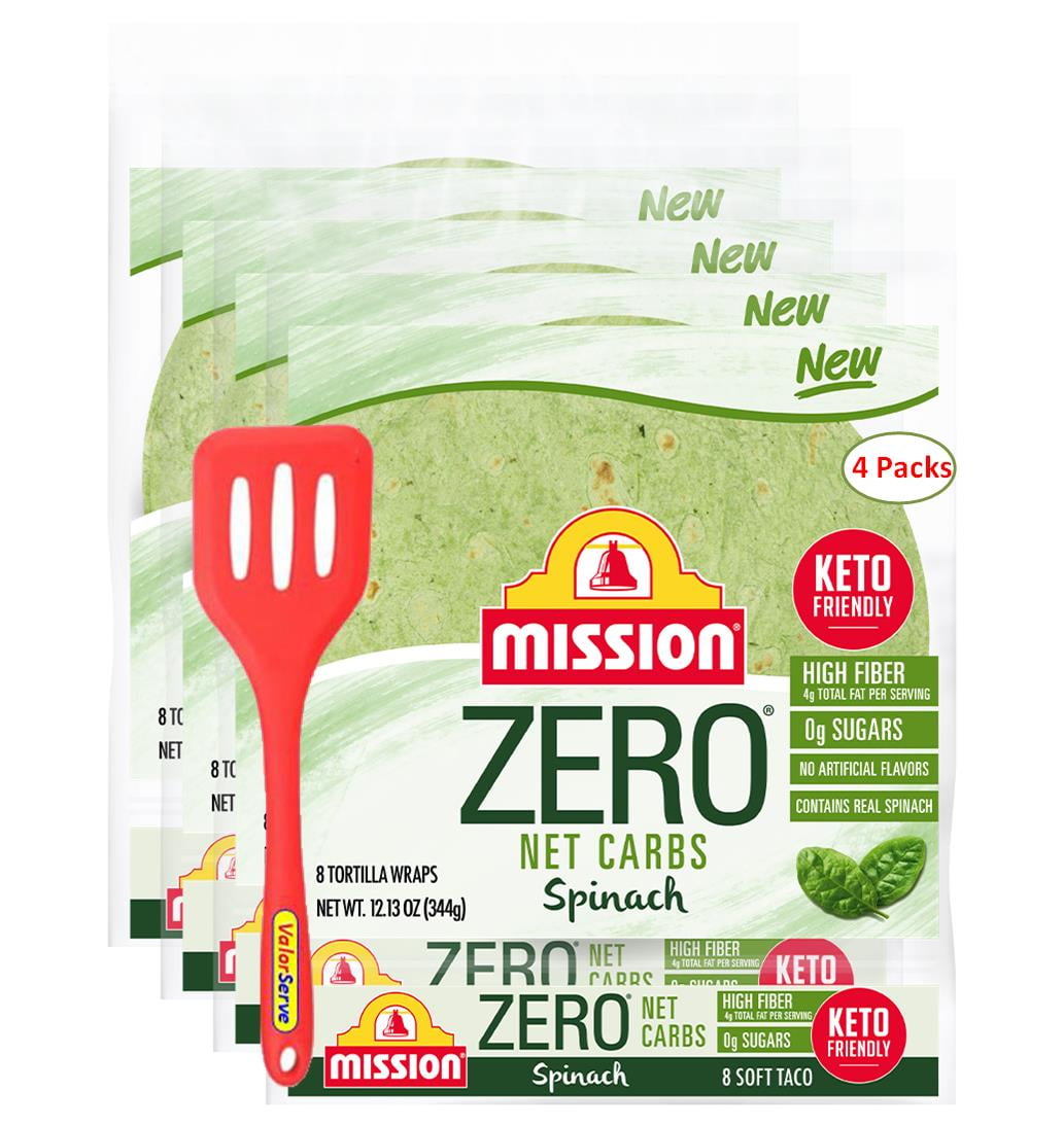 Mission Zero Net Carbs Spinach Soft Taco Tortilla 4 Pack, 8 Count, 8" Size (32 Tortillas) with ValorServe Mini Kitchen Utensil - Keto Friendly Low Carb Tortillas