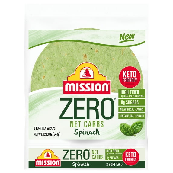 Mission Zero Net Carbs Spinach Flour Tortillas, Soft Taco Size, 8 Count