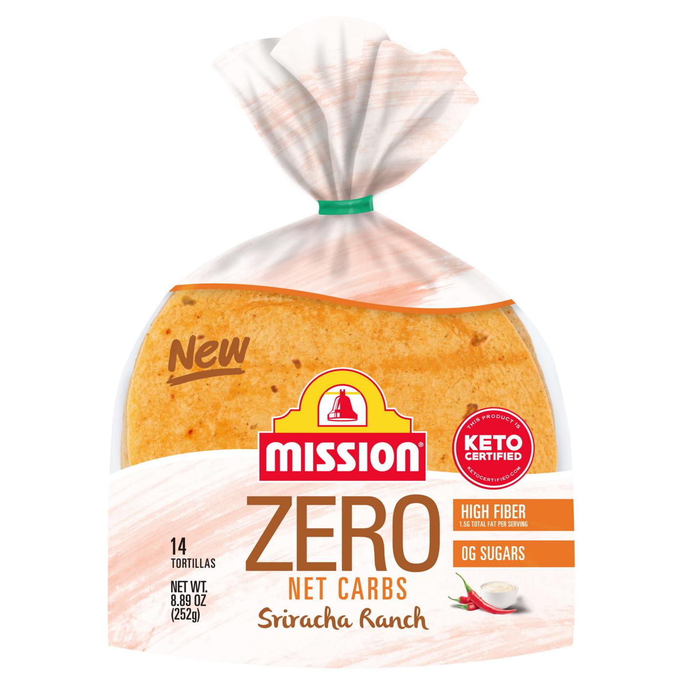 Mission Zero Net Carbs Sriracha Ranch Flour Tortillas Street Taco Size 14 ct - Low Carb, Sriracha, Ranch, Gluten Free, Soft Tortillas