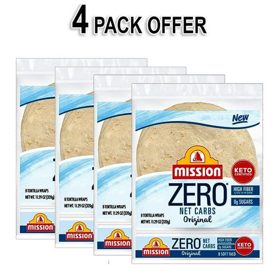 Mission Zero Net Flour Tortillas - 0g Net Carbs - Keto Certified - 8.0" Soft Taco - 8 Count, 11.29 oz. (4 Pack)