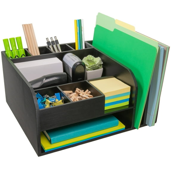 MissionMax Black Bamboo Organizer with attached Upright File Holders, Paper Tray & Storage Bins