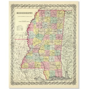 Mississippi 1855 Vintage Map 11x14 Unframed Print Antique Cartography Poster Reproduction with Counties Rivers and Towns, Historic Southern Wall Art for Home Office Library Classroom or Study Dcor
