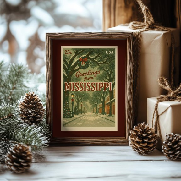 Mississippi Christmas Postcard Wall Art Print, Retro Holiday, Vintage Style State, Mid Century Christmas Decor #587, Unframed Poster Size 16x24