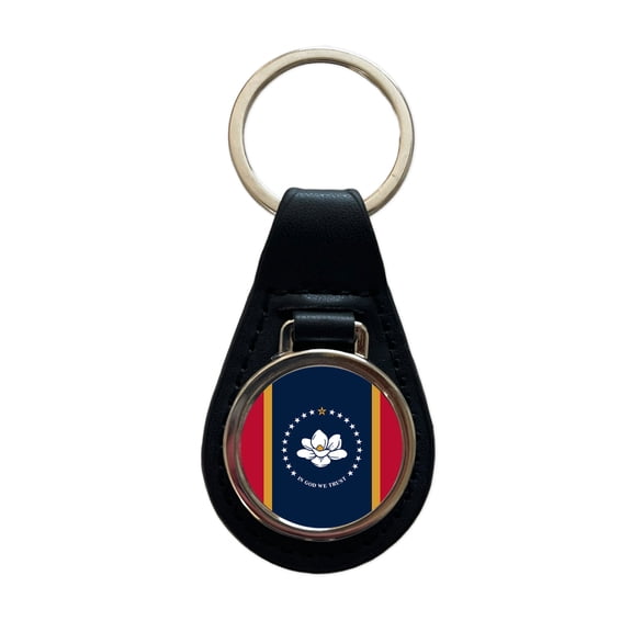 Mississippi MS State Flag Metal Black Leather Keychain