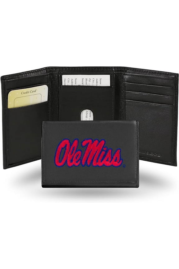 Mississippi-Ole-Miss-Rebel's Embroidered Black Leather Trifold Wallet