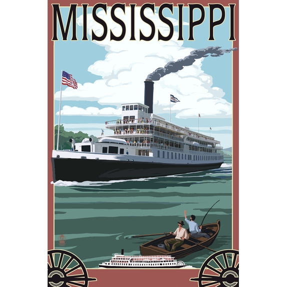 Mississippi, Riverboat and Rowboat (36x54 Giclee Gallery Art Print, Vivid Textured Wall Decor)