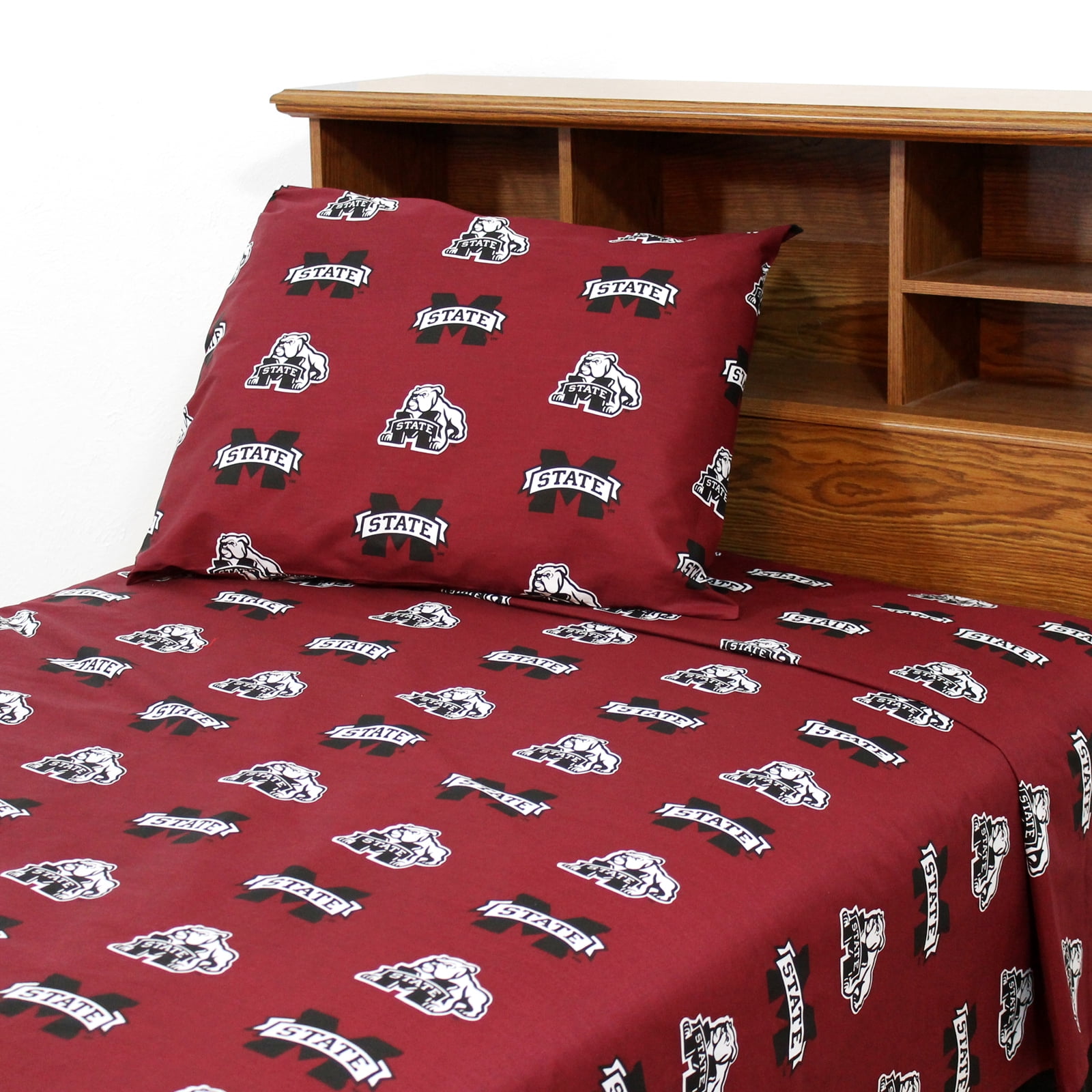 Mississippi State Bulldogs 100% cotton, 4 piece sheet set - flat sheet, fitted sheet, 2 pillow cases, Queen, Team Colors