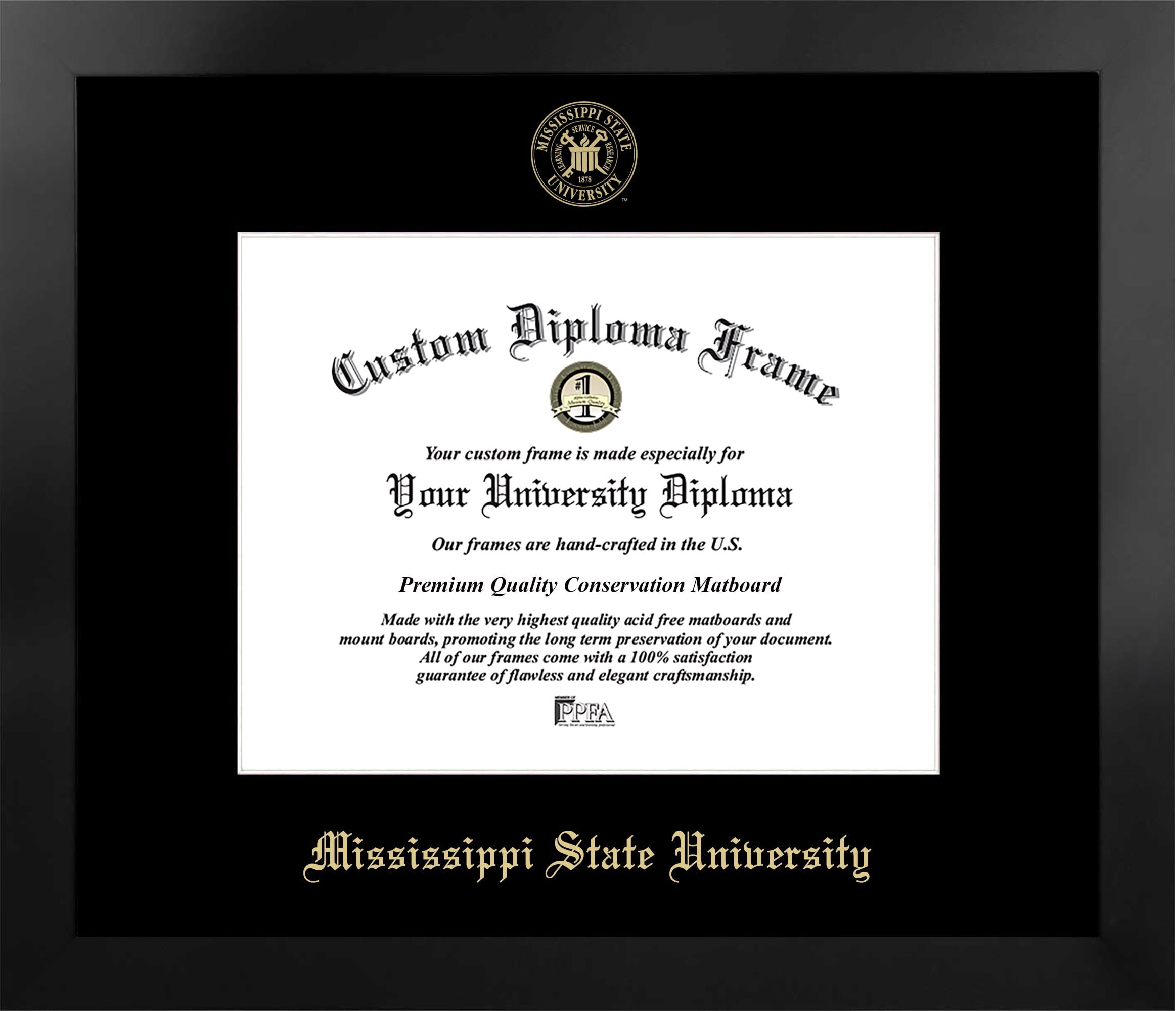 Mississippi State University 11w x 8.5h Manhattan Black Single Mat Gold Embossed Diploma Frame with Bonus Campus Images Lithograph (value savings at $59)