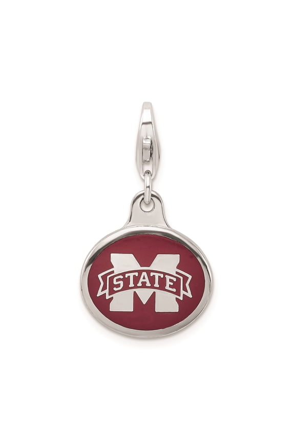 Mississippi State University Sterling Silver Charm Pendant with Maroon and White Enamel for Necklace or Bracelet, NCAA Logo Jewelry for Women or Fan Alumni Accessory
