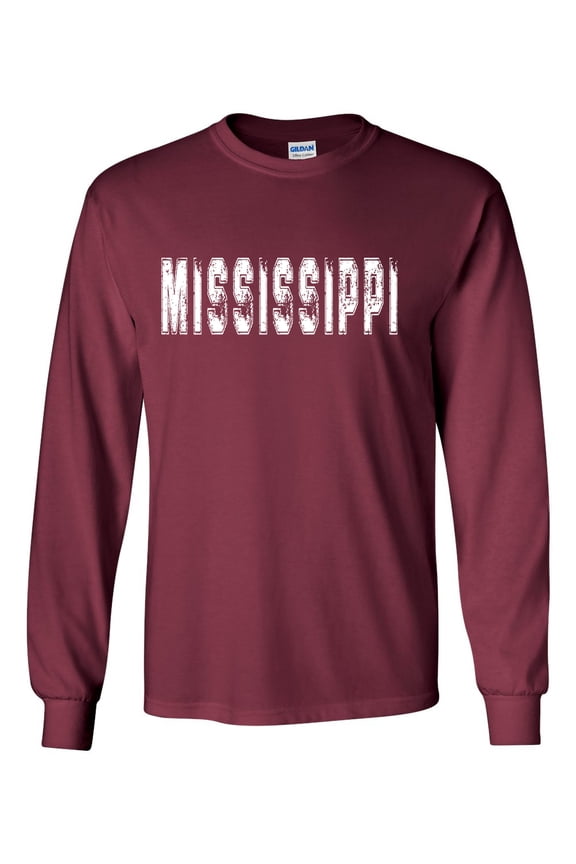 Mississippi Tshirt Football Team Color Maroon and White Distressed Mississippi State Name Bulldogs Mens Long Sleeve T-shirt Graphic Tee-Maroon-xxl