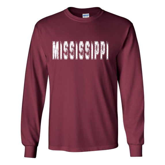Mississippi Tshirt Football Team Color Maroon and White Distressed Mississippi State Name Bulldogs Mens Long Sleeve T-shirt Graphic Tee-Maroon-xxxl