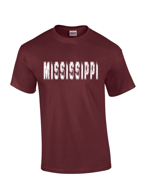 Mississippi Tshirt Football Team Color Maroon and White Distressed Mississippi State Name Bulldogs Mens Short Sleeve T-shirt Graphic Tee-Maroon-5xl