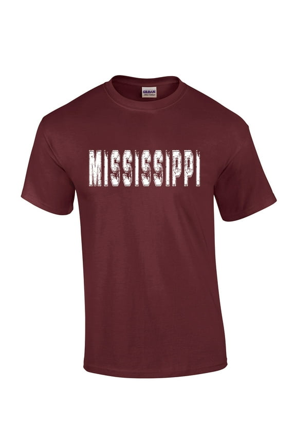 Mississippi Tshirt Football Team Color Maroon and White Distressed Mississippi State Name Bulldogs Mens Short Sleeve T-shirt Graphic Tee-Maroon-xxl