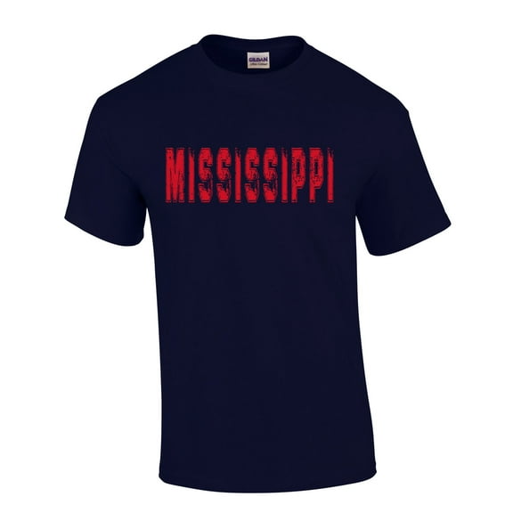 Mississippi Tshirt Football Team Color Navy and Red Distressed Mississippi State Name Rebel Mens Short Sleeve T-shirt Graphic Tee-Navy-large