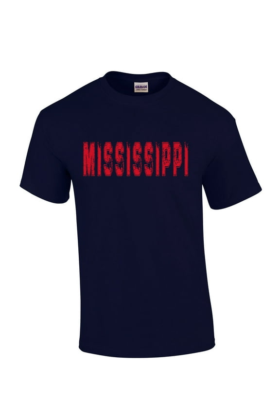 Mississippi Tshirt Football Team Color Navy and Red Distressed Mississippi State Name Rebel Mens Short Sleeve T-shirt Graphic Tee-Navy-large